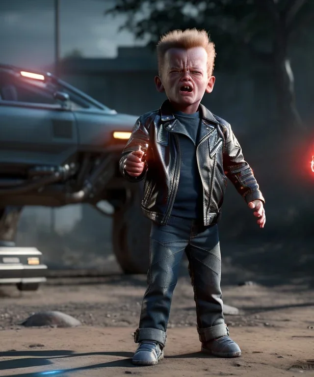 The Terminator toddler, full body, dramatic lighting, angry, hyper realistic