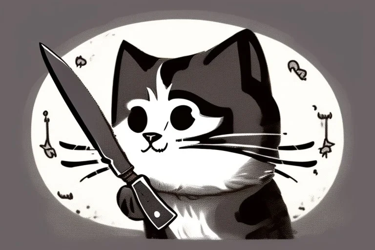 Cat smiling with a bloody knife. Illustration.