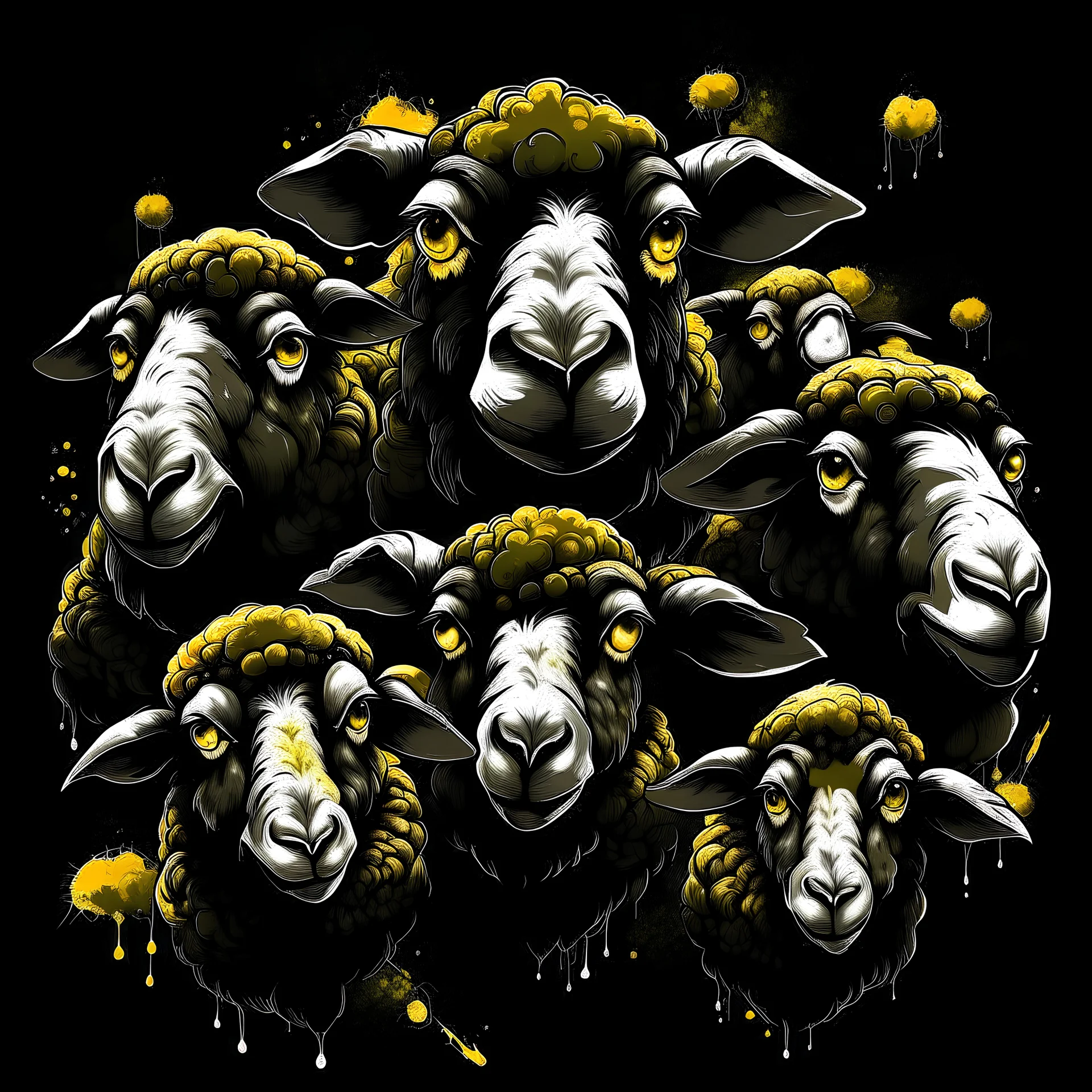 Create a visually striking image with strong contrasts of black and gray, accented by touches of white and gold. Depict 12-14 black zombie sheep faces closely arranged in Rembrandt lighting, some wearing sunglasses and others smiling with gold teeth, others biting the other sheep. At the center, portray a white zombie sheep with manic eyes and 'X' pupils, biting a neighboring sheep. Infuse the composition with urban flair, blending whimsical elements with gritty street art aesthetics.