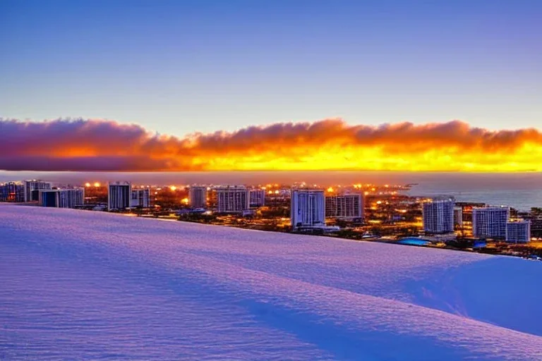 Honolulu Hawaii hotels covered in winter snow and ice at sunrise, winter wonderland