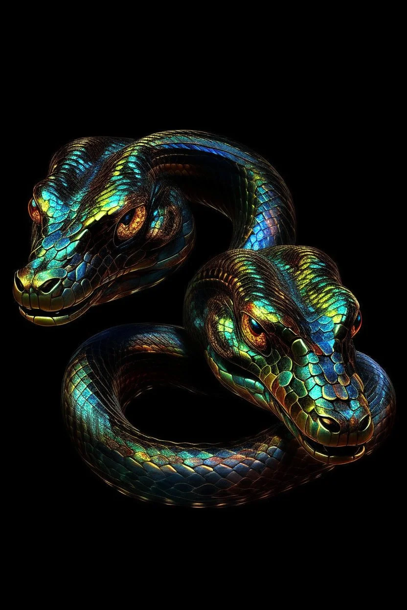 CA two headed snake digital portrait, dark fantasy, black iridescent scales, holographic, shiny, PoVC texture, wet look,