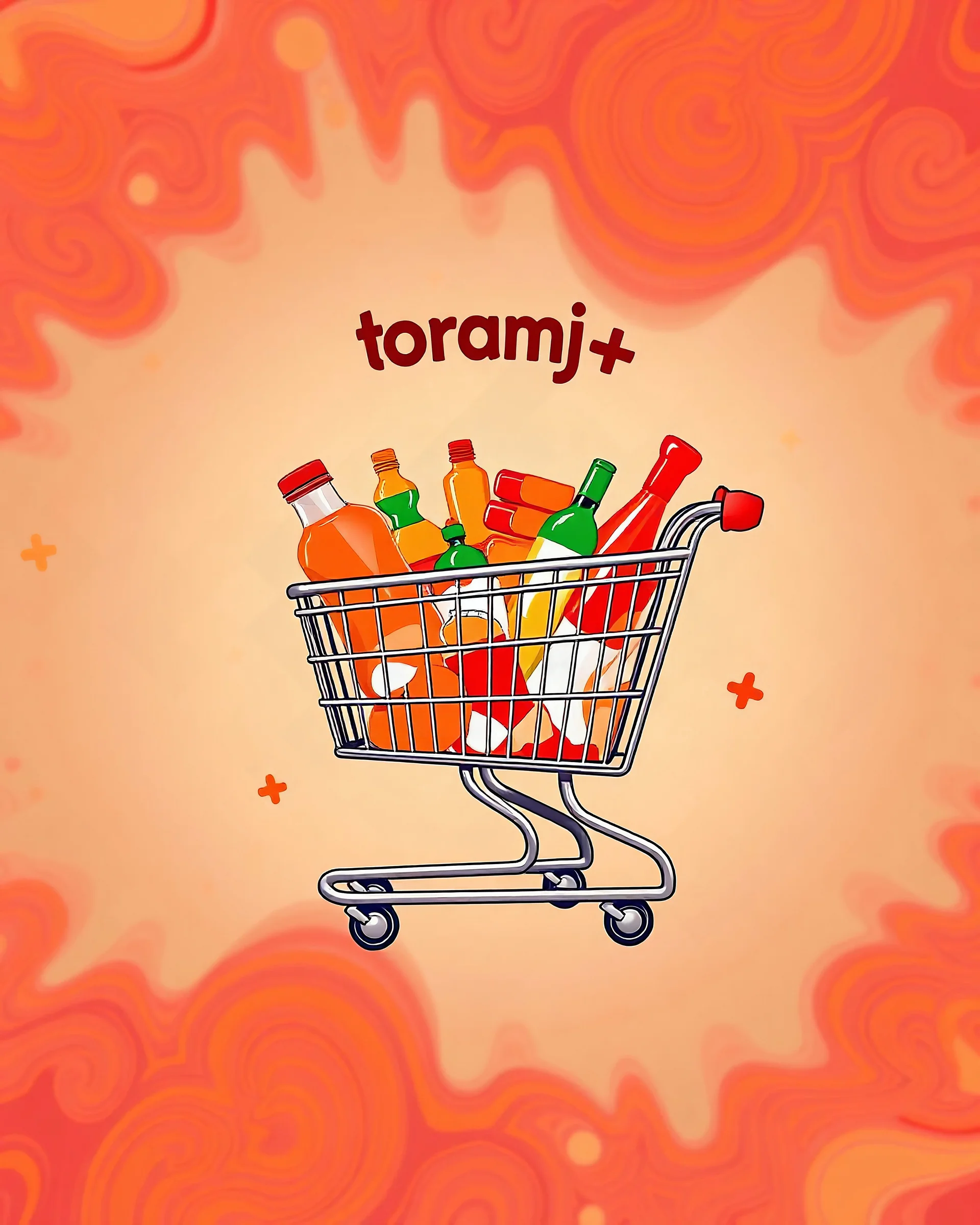 A beautiful and eye-catching design with a shopping cart in the middle filled with supermarket products and the phrase (toranj plus market) at the top of the image as a logo with an orange, red, and white color theme on a special psychedelic background with orange and red colors.