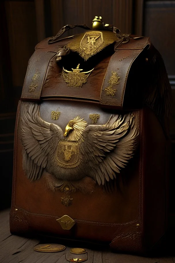 in the BASEMENT there is an old, broken brown oblong leather chest with short handles, with a hole on the side, gold coins from the time of Catherine the Great fall out of it. The ancient coat of arms of tsarist Russia, the double-headed eagle, is BARELY VISIBLE on the bag. All in high quality 8K