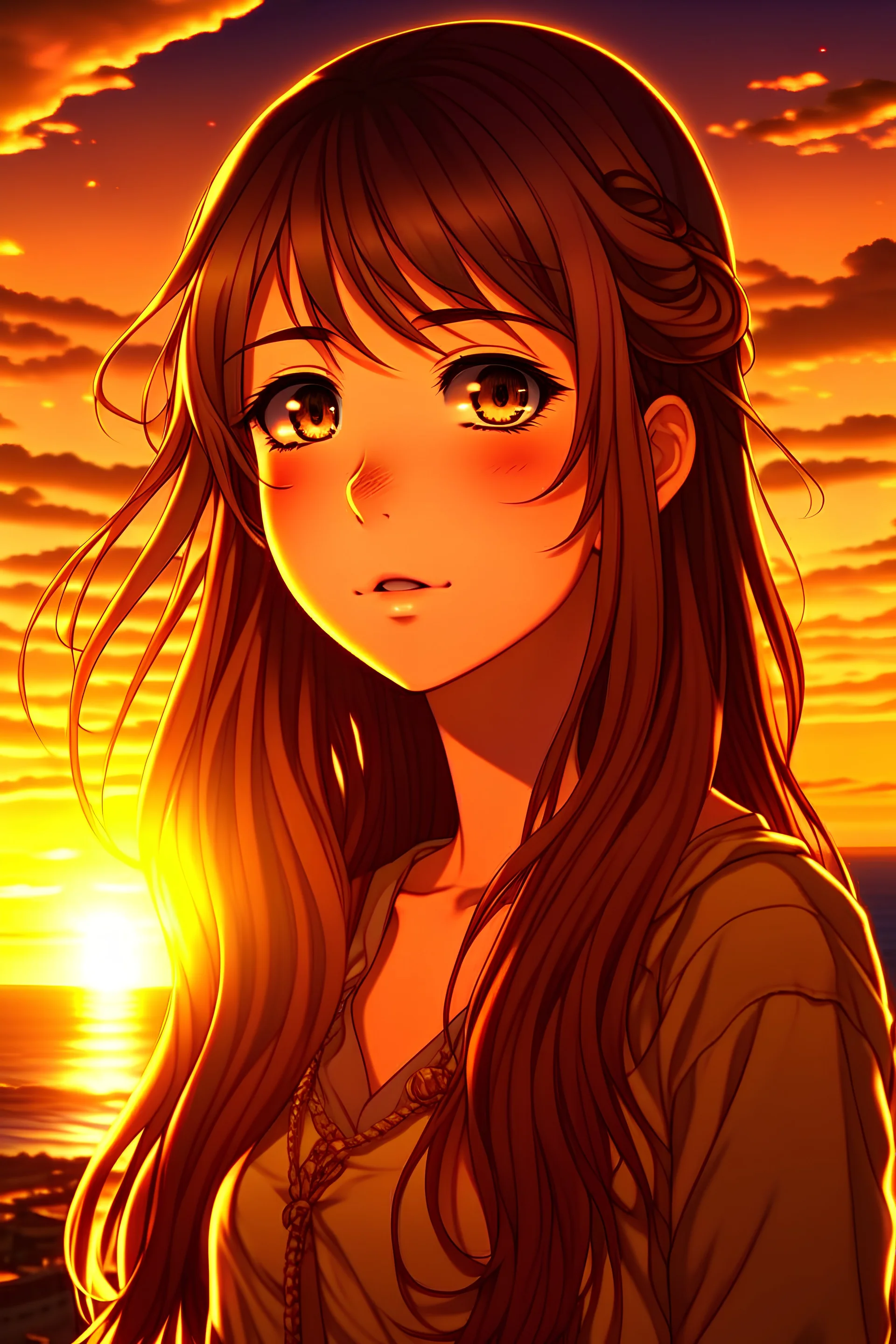 (image: An anime character with flowing hair and intense eyes, standing against a picturesque sunset), Descriptive Keywords: Anime Character, Flowing Hair, Intense Eyes, Sunset, Beauty, Ultra Realistic, Anime, Anime Character Type: Heroine, Camera Lens Type: Wide-angle lens, Camera Aperture Settings: f/2.8, Time of Day: Golden Hour (evening), Style of Anime Character: Strong and Determined, Type of Film: Digital