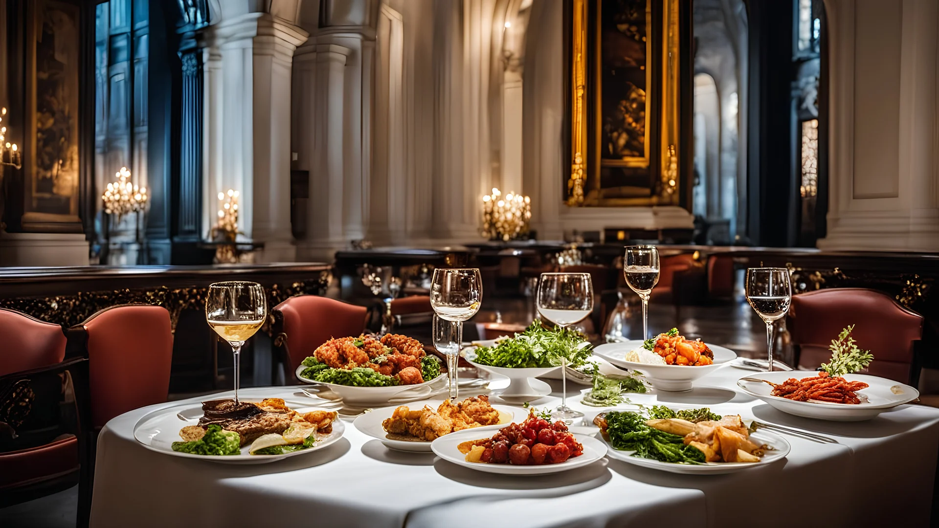 1698, delightful, sensitive, delicious food, banquet, confident, delicate, night, darkness, architecture, filled with delicious food, award-winning photograph, beautiful composition, delicate colour, chiascuro