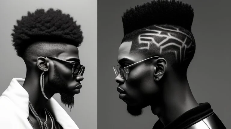 two Afro-American males facing each other in profile, confrontational stance, high-contrast black and white, deep shadows, bright rim lighting, dark studio background, punk spiked mohawk hairstyles, metallic reflective jackets, skin highlights, intricate chrome ear frames and jawline exoskeleton jewelry, biomechanical ear cuffs, sculptural contours, sharp silhouettes, cinematic low-key photography, cyberpunk aesthetic, symbolic duality, tension, dramatic