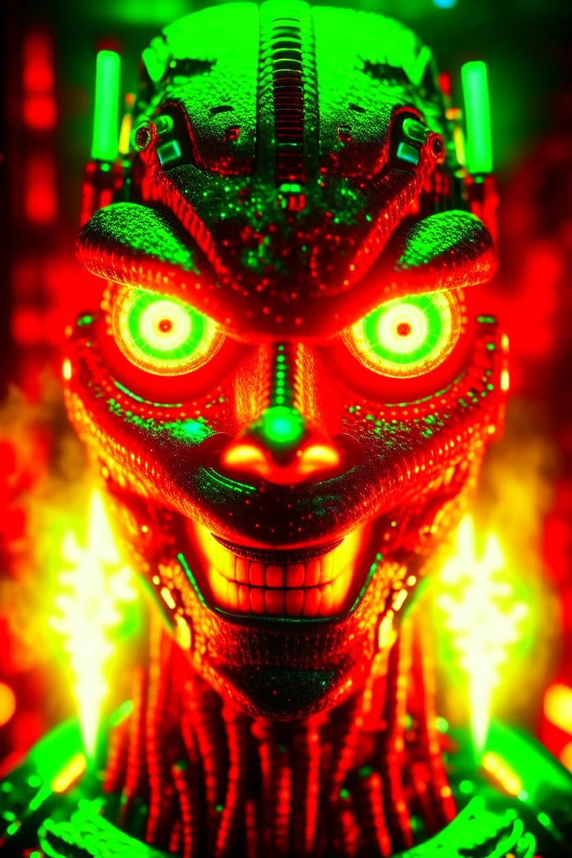 Face of an evil robot with a demonic smile, white eyes, surrounded by flames, youthful green light, fire starter in the background