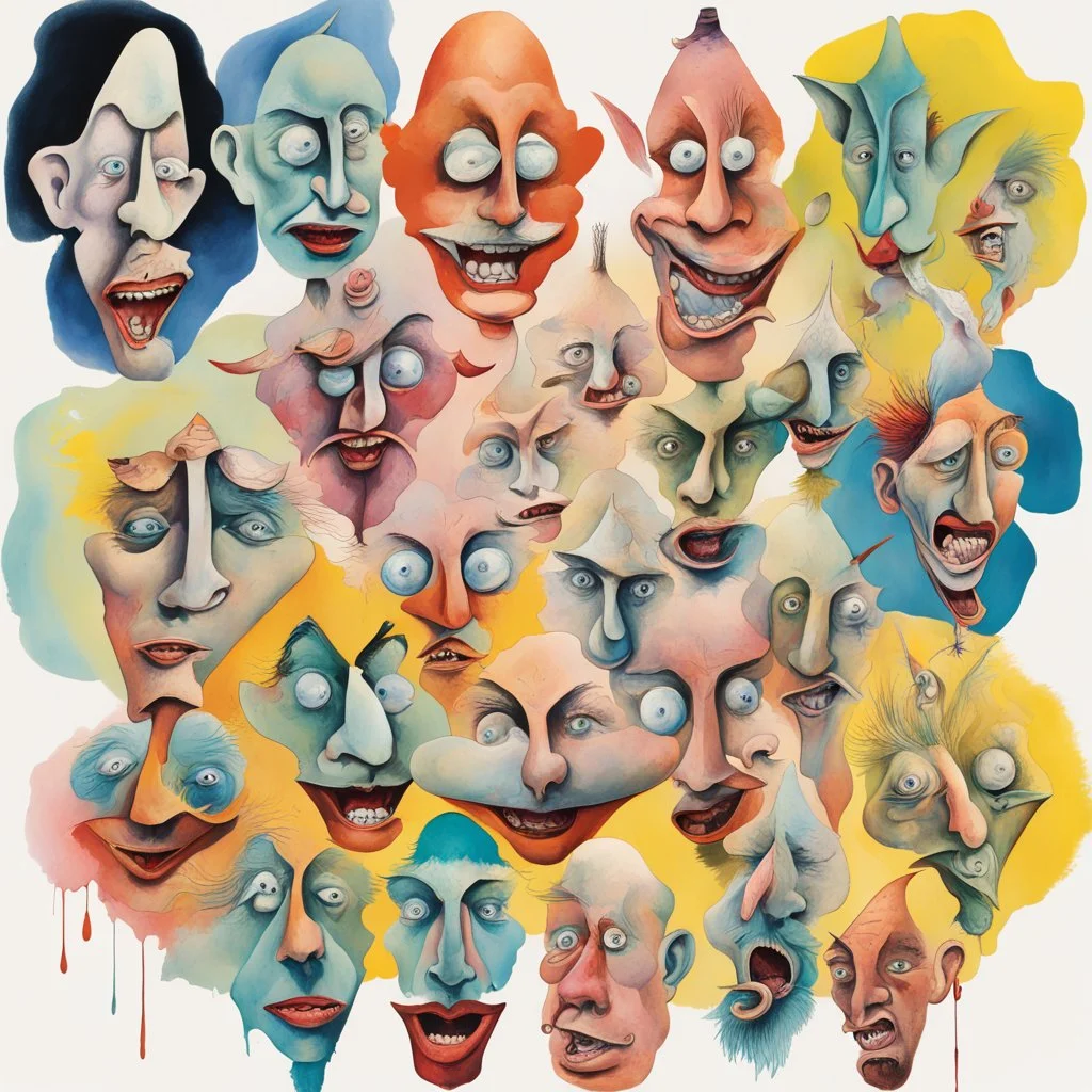 Collage of exaggerated caricatures of faces of weird-looking leering strangers, horrible gaping drooling faces, by Yves Tanguy, by David Seidman, by Bernadro Daddi, neo surrealism, alcohol ink illustration, bright colors.