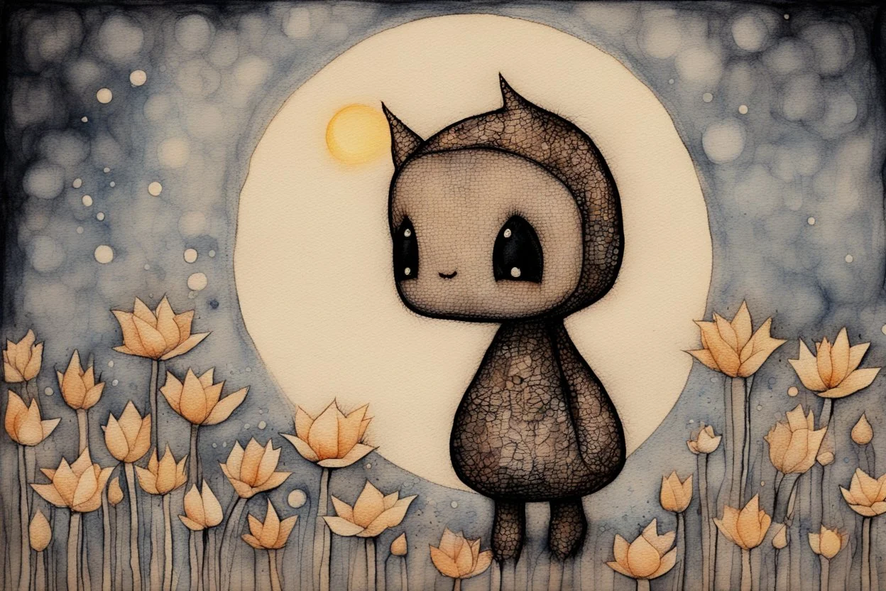 painted and burned burlap, moonlight, cute chibi dynamically jumping dragon, flowers, styles of Paul Klee Dee Nickerson and Tim Burton, melting watercolor and black ink outlines on wet paper, soft, shading strokes, in candlelight, ethereal, otherwordly, cinematic postprocessing, bokeh, dof