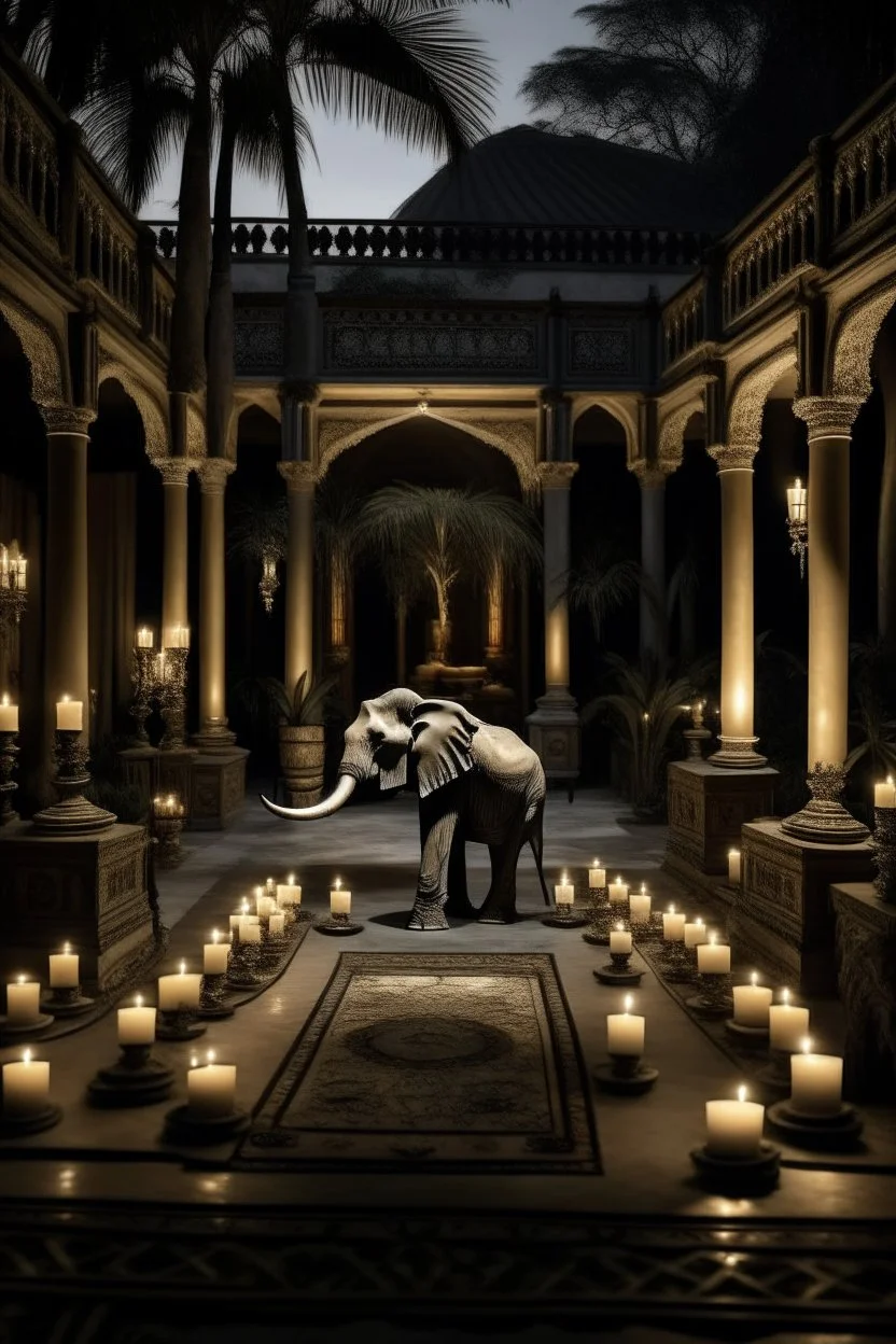 interior patio of a large house illuminated at night with candles and candelabras and in the middle of the patio an elephant, cinematogrphic image