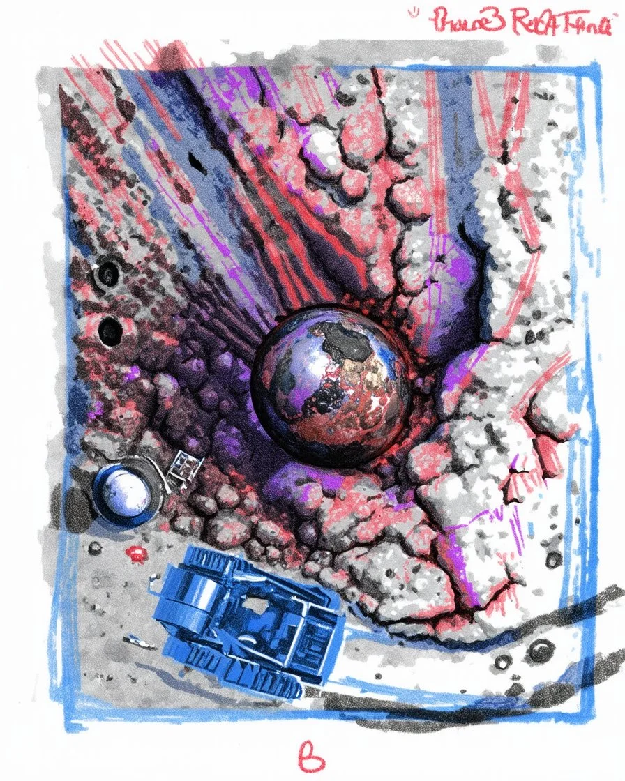 High-altitude lunar reconnaissance satellite image of a young impact crater with larger regolith along right ride. A damaged metallic alien sphere with fracture lines like an egg. organic growth across regolith and up crater walls. Along the lower frame edge a small modern bare-bones lunar-vehicle sits near the rim with visible wheel tracks. comic pencils