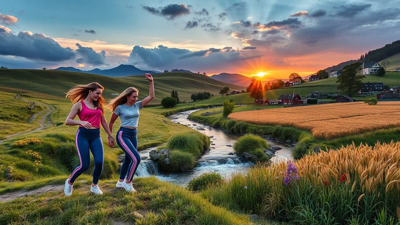 a group of young ladies in sports pants and blouse are dancing to camera in village over high grassy hills,a small fall and river and wild flowers at river sides, trees houses ,next to Ripe wheat ready for harvest farm,cloudy sun set sky