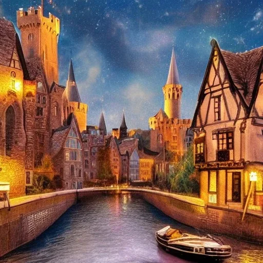 A magical gothic little town of witches with a castle and canals Nick Harris style