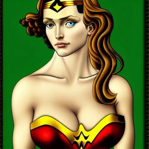 portrait of a beautiful busty wonder woman with green eyes by Sandro Botticelli style