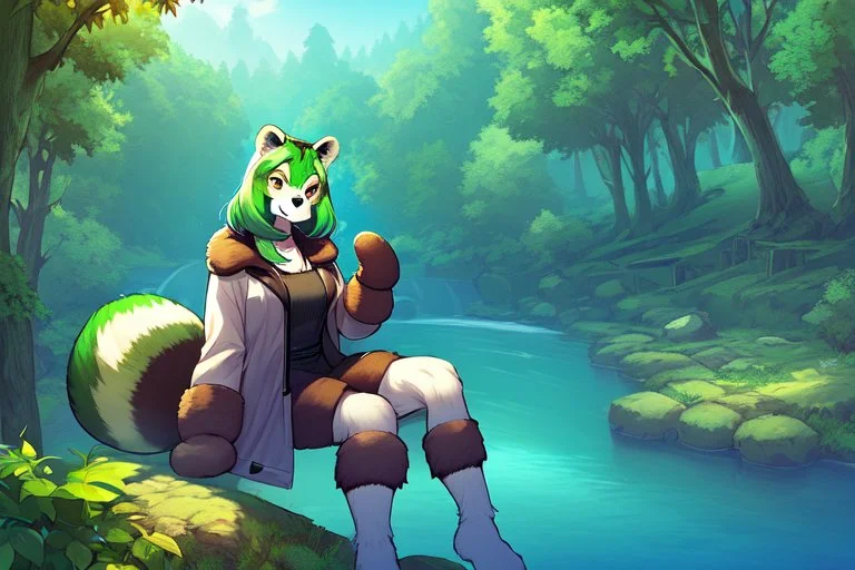 Girl, green hair, raccoon tail, raccoon paws in hand, raccoon paws in foot, forest, river, sit on tree, coat on neck, with tongue out, big tail, furry