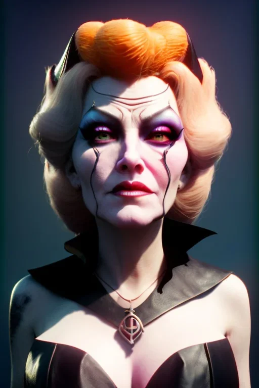 Mae West as evil queen in black leather, leather, busty, cleavage, angry, stern look. character design by cory loftis, fenghua zhong, ryohei hase, ismail inceoglu and ruan jia. unreal engine 5, artistic lighting, highly detailed, photorealistic, fantasy