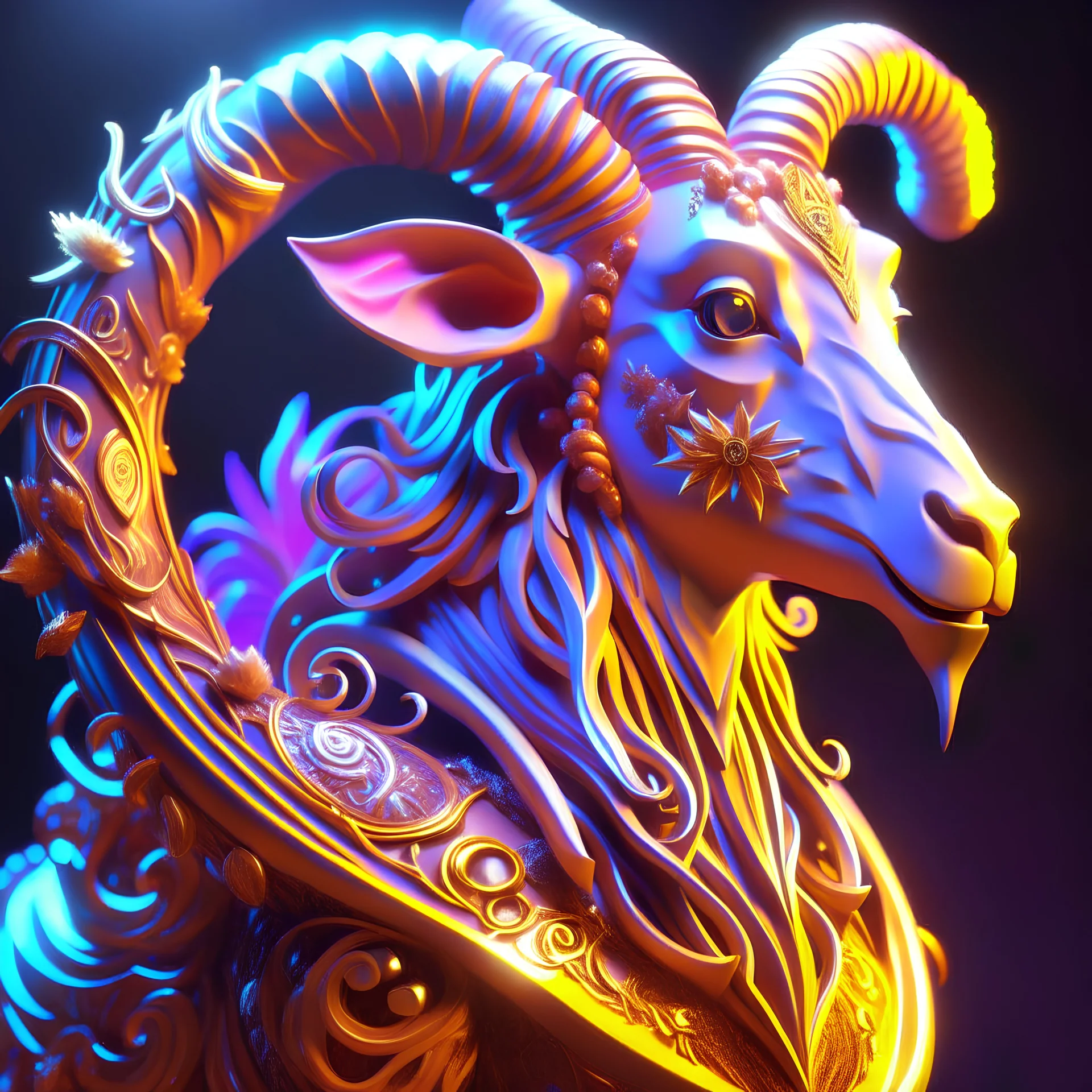 stylized Capricorn with ornaments, epic, fantasy, intricate, hyper detailed, artstation, concept art, smooth, sharp focus, ray tracing, vibrant, photorealistic, textured, centered, 4k