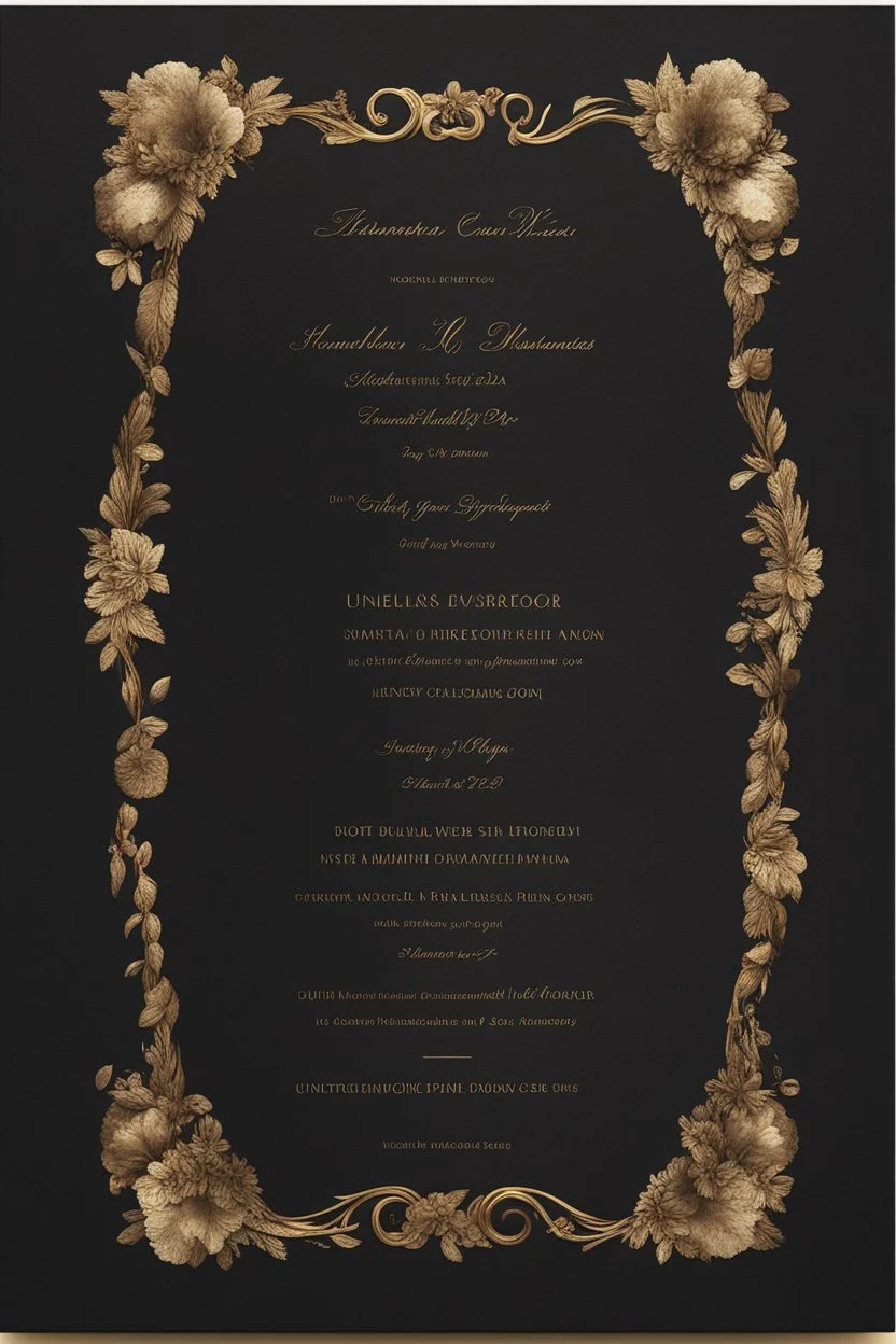 An extremely formal, funeral program for a black man on darkest bronze deeply pigmented velvet paper with brilliant, brightest heavy golden fonts, simple, minimalistic, less element, very dramatic lighting