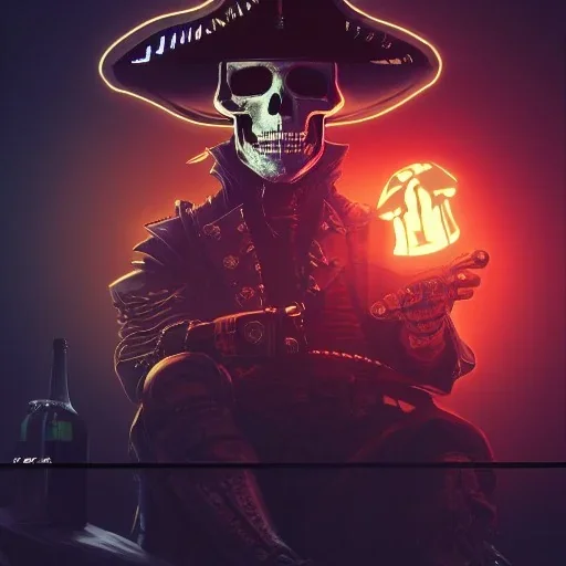 a cyberpunk hacker pirate captain skeleton holding beer with a pirate hat sitting in front of a huge old crt monitor in a dark room , only light coming from crt monitor, highly detailed, intricate, digital art, trending on artstation, trending on cgsociety, by greg rutkowski