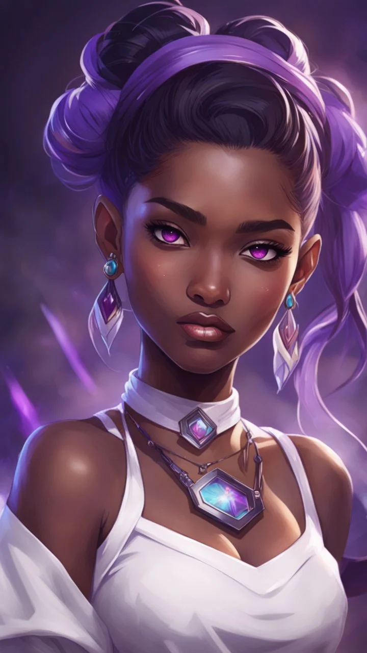 arcane tv show style, league of legends, solo, 1girl, attractive teenager, african, dark skin, dark-brown eyes, black hair, pair buns, (violet strand in forehead bang), necklace, earrings, modern makeup, (detailed skin texture), white oversize shirt