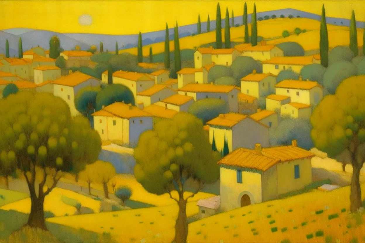 A yellow village with olive trees in daytime painted by Georges Seurat