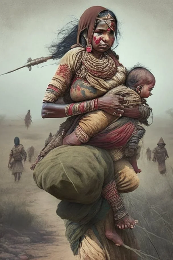 an indian warrior mother in war field carrying her baby on her back