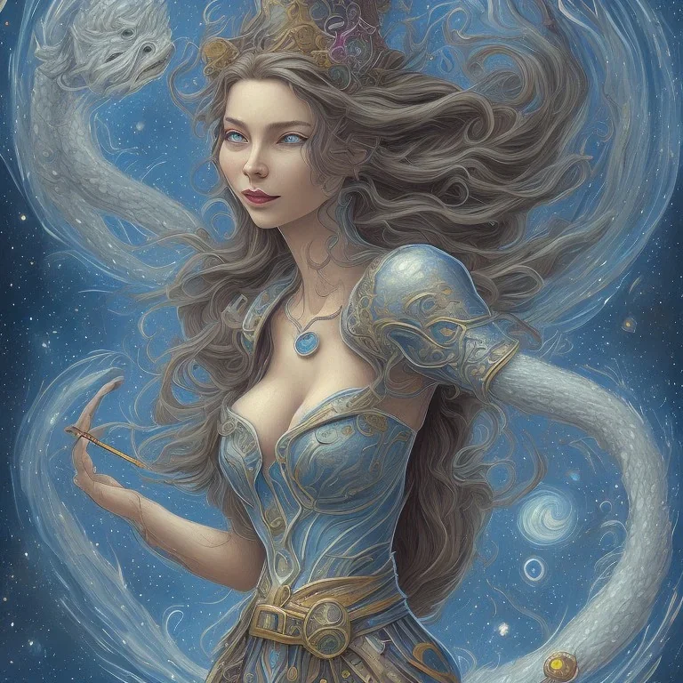 A smiling witch with a beautiful face and full and detailed details performing magic of water, fire, wind and earth with a wooden wand and a shining crystal fighting with big and beautiful dragons flying in an azure sky, with full details, Ismailoglu , Van Gogh, post-apocalyptic, fantasy, imaginary, 8K, 16K,