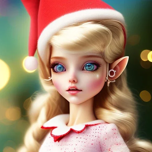 close up on elf as dollie deluxe, bright eyes, post card, toy train