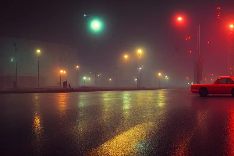 A 1990s car standing in front of a red traffic light, empty street, Cairo, 1990s, night time, rain, winter, movie scene Nick Harris style