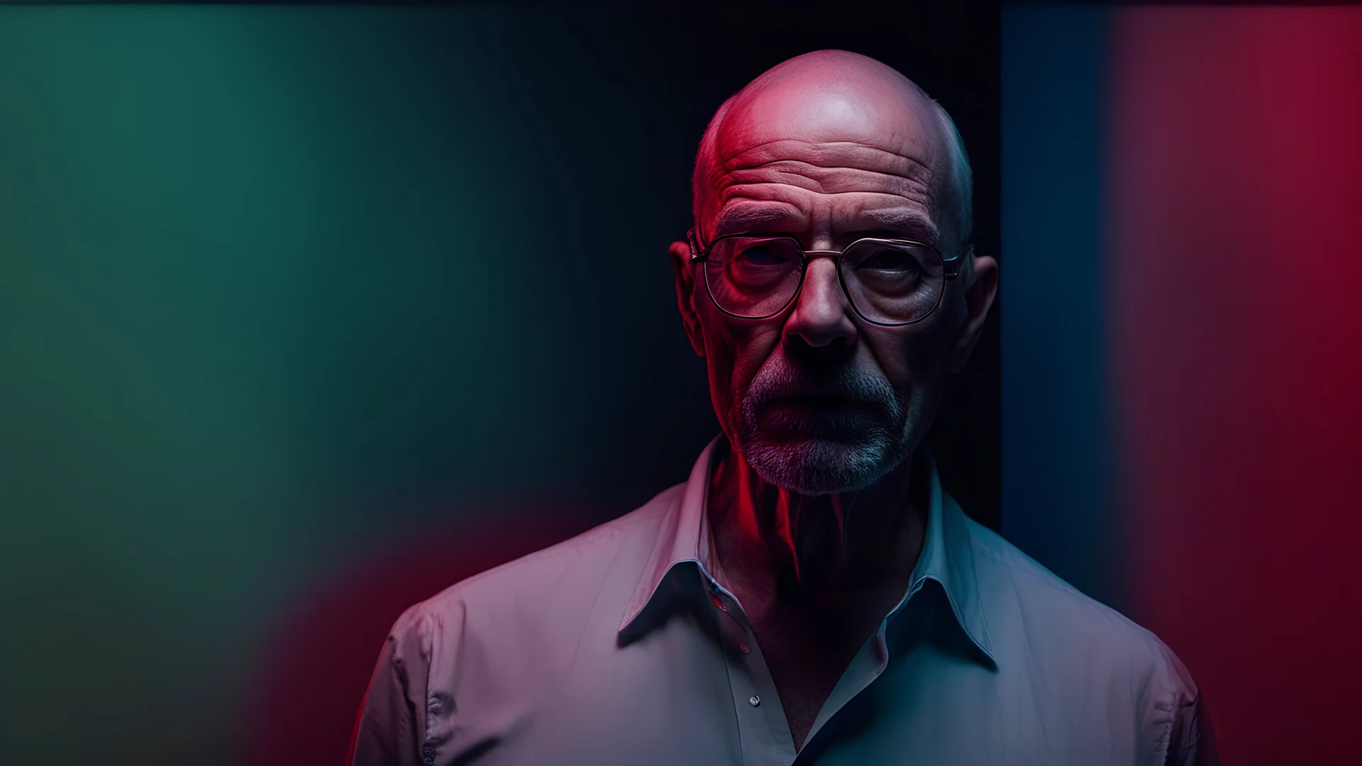 a man with a white and light green light on his face, color photograph portrait 4k, color portrait, backlit portrait, red and cinematic lighting, cmyk portrait, photography portrait, low saturated red and blue light, chiaroscuro portrait, portrait photo of Walter white, red and blue backlight, dramatic lighting man, inspired by Edi Rama