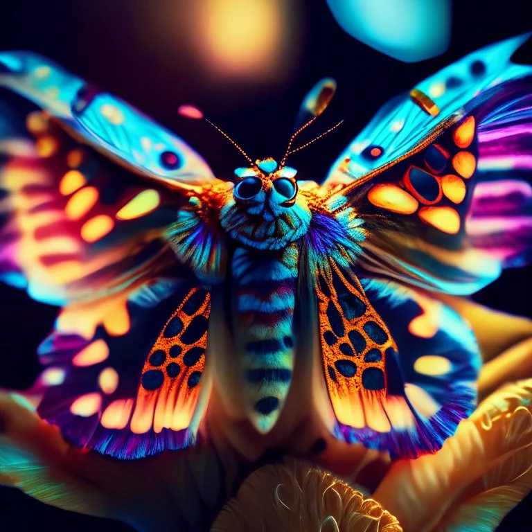 Glowing Colorful Moth 1.5mm field of view Olympus macro gear at 5:1 magnification. Modifiers: sharp focus elegant fantasy bright studio setting studio lighting photorealistic very attractive beautiful wallpaper award winning imperial colors fantastic view hyperrealistic ultra detailed 4K 3D very cute cinematic postprocessing acrylic art