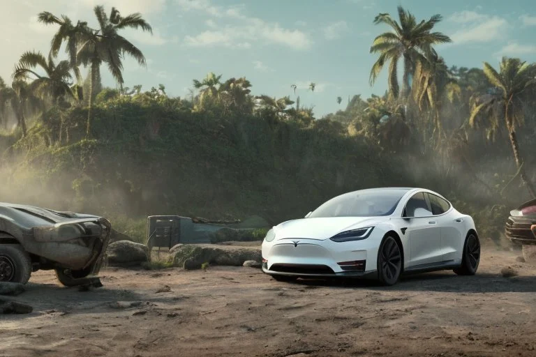 A Tesla 'Semi' is parked, on the 'Jurassic Park' island. CINEMATIC. WIDE ANGLE LENS. PHOTO REAL.