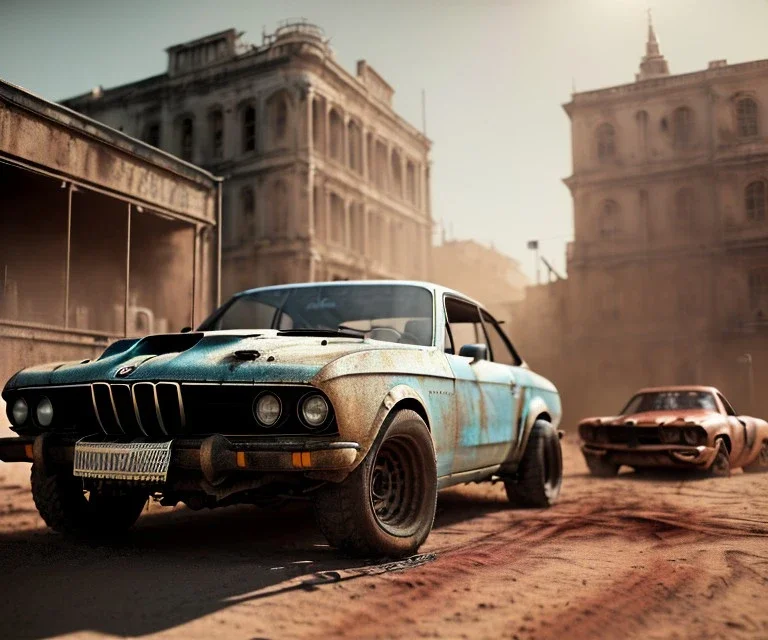 Realistic image. Mad max car. BMW 4 series, 2023 version. 4k resolution, intricate details, ornate details, soft lighting, vibrant colors, retroanime, futuristic cityscape background