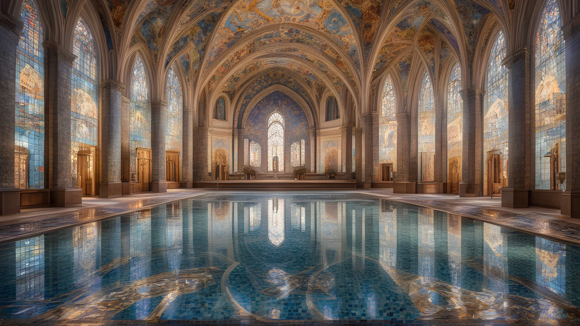 Superb symmetrical pictorial multicoloured mosaic floor, walls with pictures of bathers and swimmers, swimming pool, bathers, water feature, symmetrical cathedral style high ceiling, relaxation, luxury, dream world, calm beauty, symmetry, fantasy world, magic, beautiful symmetrical composition, exquisite detail, 135mm lens, adjust perspective, chiaroscuro, dynamic lighting