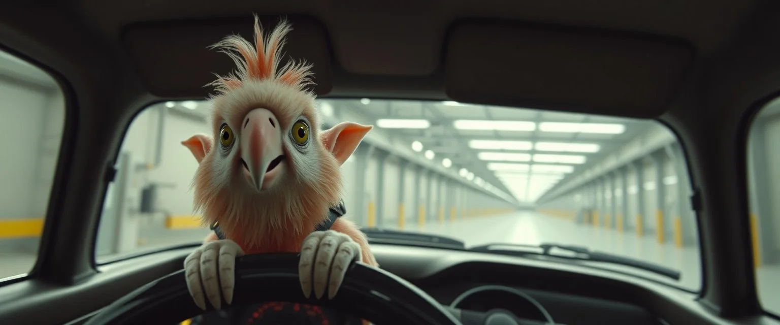 car driving happy 2d fluffy elf parrot in the style of Escher and Giger and Fallout 4, pinhole cam, airbrush 3d rendering, on tv screen:A five-second cinematic single take in a clean industrial presentation hall.