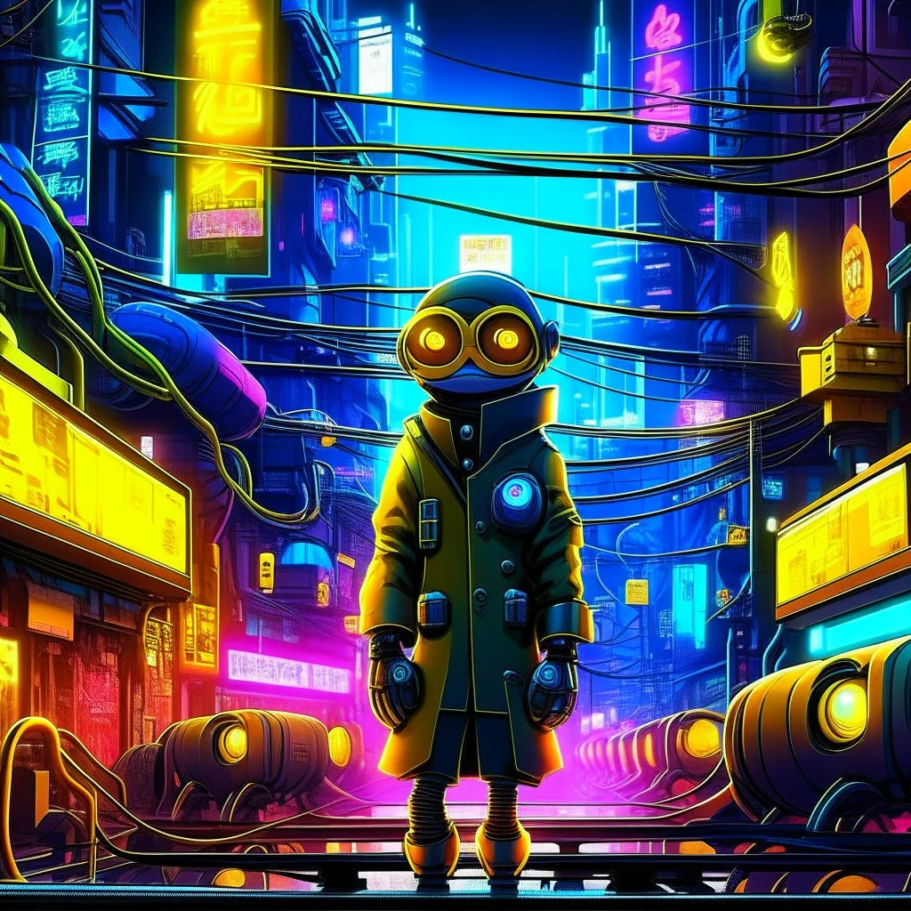 In a big cyber city "Generate an edgy and inventive artwork reimagining the 'Minions' from 'Despicable Me' as tech-savvy hackers. Infuse them with a cyberpunk aesthetic, outfitting them with futuristic attire and high-tech gadgets. Place them in a neon-lit, bustling metropolis filled with digital interfaces and holographic displays. Convey a sense of unity and purpose as they work together in this cybernetic world, showcasing their newfound proficiency in hacking and digital mischief."