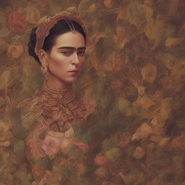 full body, Frida kallo identify face, animal skin clothing ,details,texture,8k quality, florest, Minimalism, Romanticism, Expressionism, Impressionism