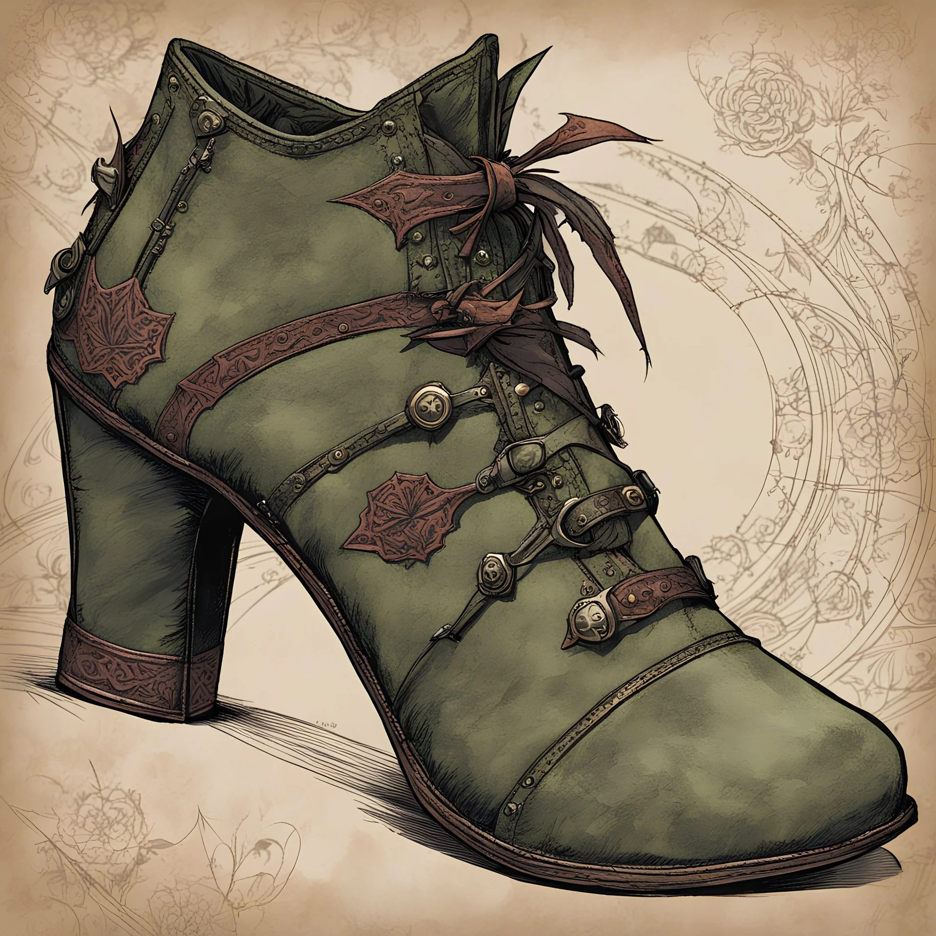 create simple women's handmade Edwardian style witch shoes with decorative contrasting stitching, in fine suede leather, illustrated in the comic book style of Bill Sienkiewicz and Frank Miller, highly detailed, 4k