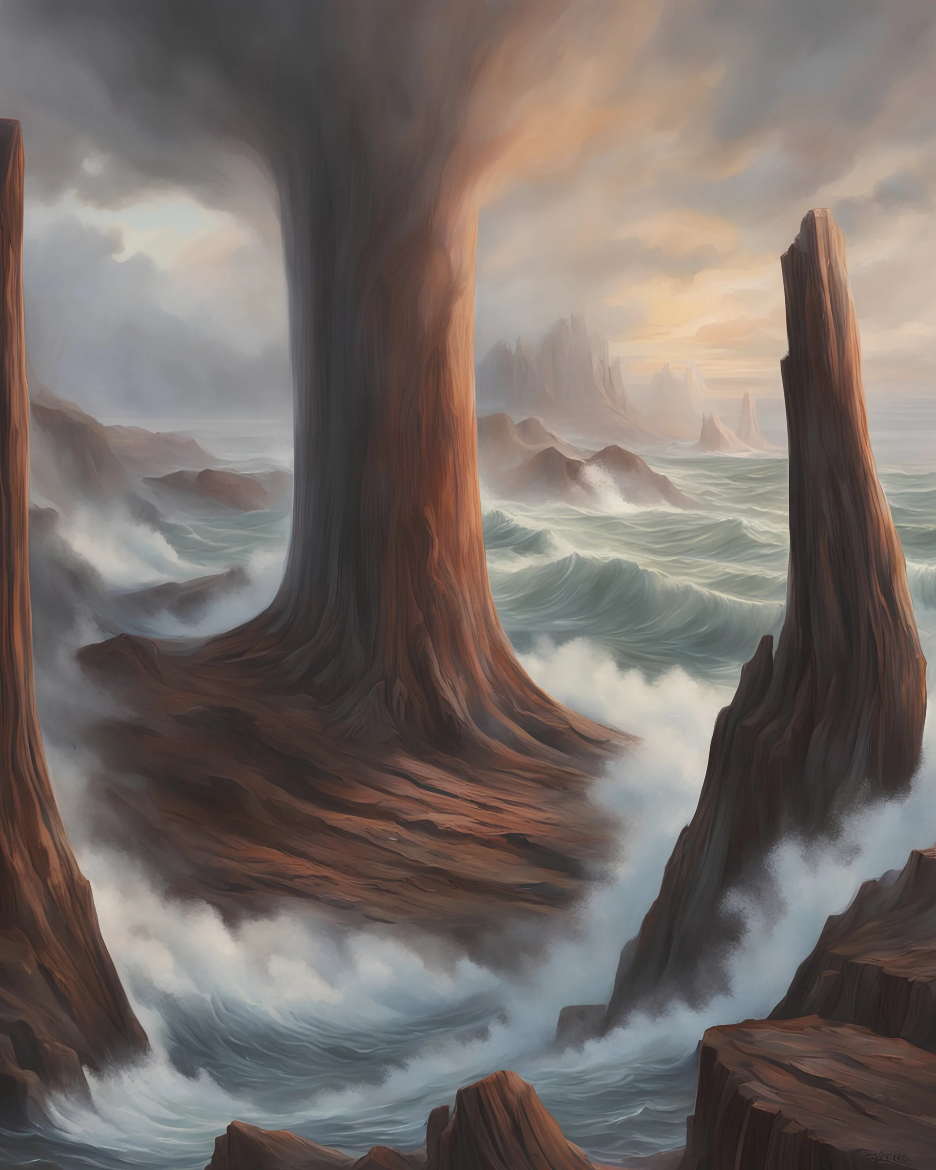 the base of a great redwood tree trunk takes up the majority of the screen. It is very important that this is as photorealistic to a redwood as possible. It is surrounded by ocean, which pours into the center of the charred wooden flesh. There are no mountains or other trees surrounding it, and there are no leaves. The background is the storming sea, churning and swirling, almost gracefully, but definitely powerfully and terrifyingly towards the treetrunk and flowing down into its center.