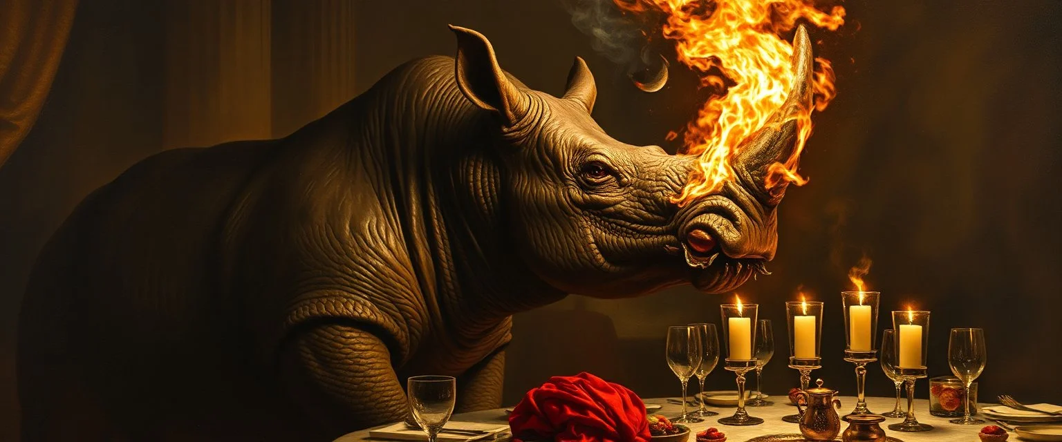 portrait painted by Rembrandt, stupid looking fire breathing dragon rhino at banquet
