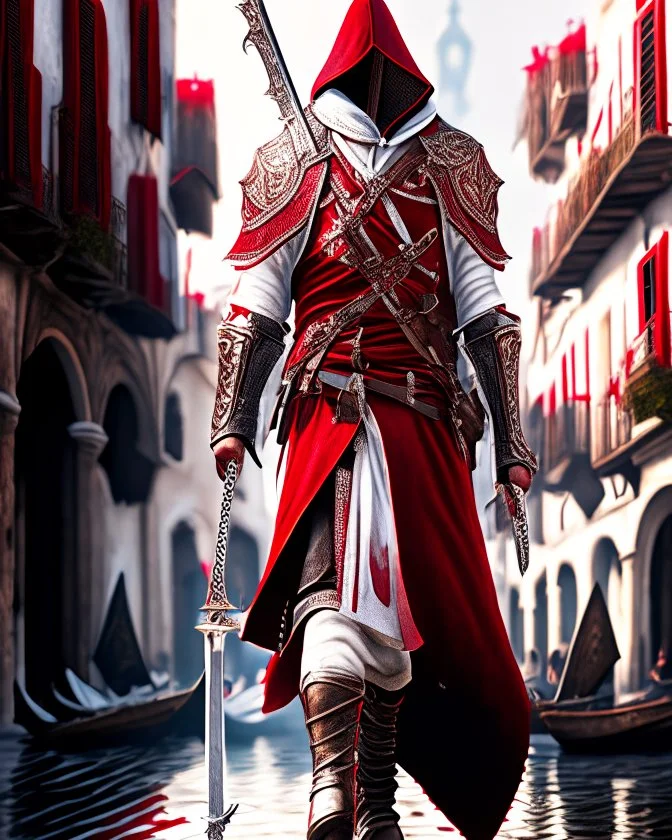 Assassin creed con dagas y espadas detalles en los pantalones en el pecho y en las botas caminando por Venezia capa arte digital hiperdetallado detalles intrincados obra de arte rojo blanco 8k