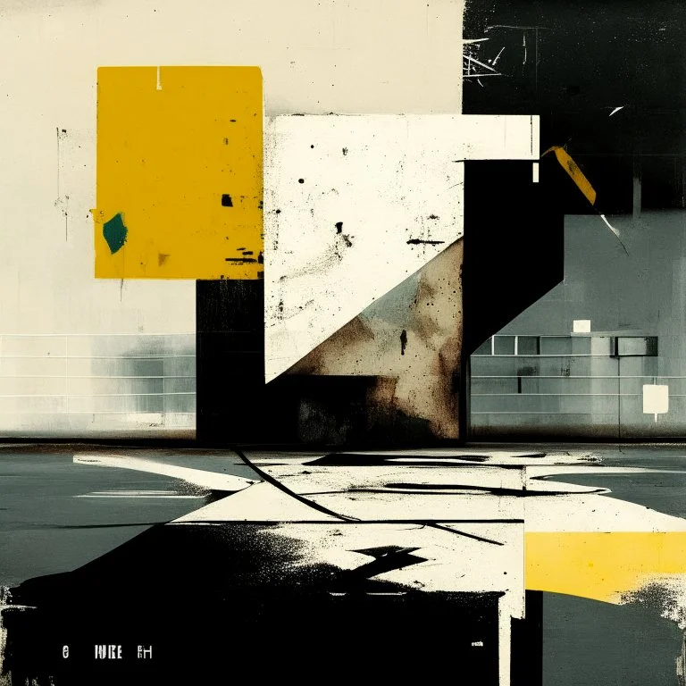 Minimal contemporary abstract oil paintings of desolate 1960s carpark with road markings and concrete fragments. Overlay with grungy typography graphics. style of Justin Mortimer and Francis Bacon.