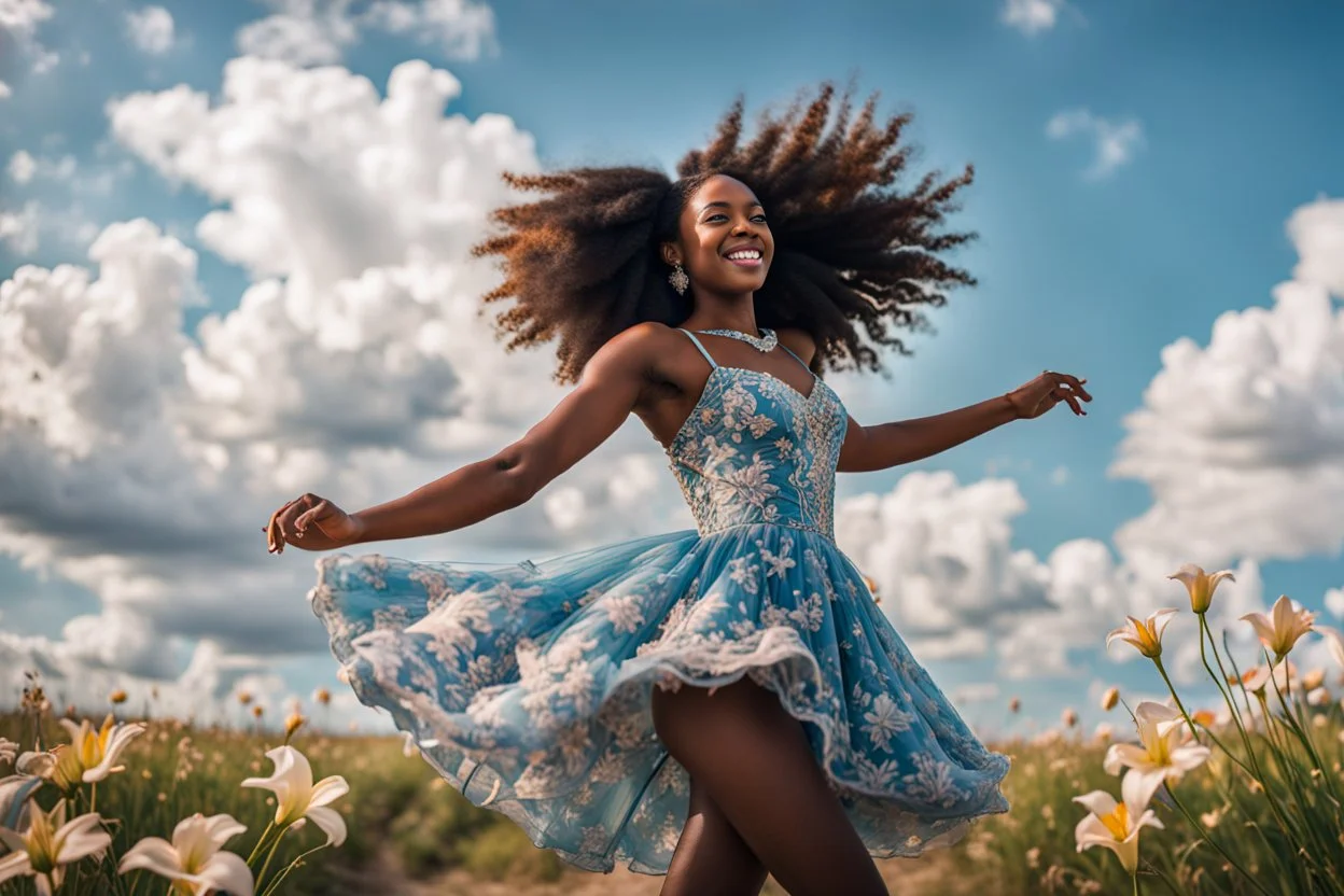 The camera zooms in, focusing sharply on young black girl Lily wearing pretty dress as she dances gracefully in the same romantic environment with flowers and sky with nice clouds. Her joy and youth are presented against the backdrop of the surreal surroundings.