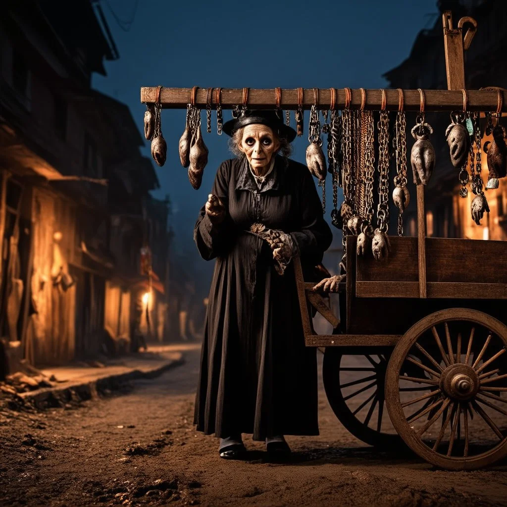 dark fantasy, nihilistic, low angle close up of creepy old crone selling dark arts withered monkey paw charms hanging from a bar on a large wooden peddler cart on a muddy street in a fantastical city slum at night, volumetric lighting from a torch attached to the crone's trinket cart, foreboding, grainy photography