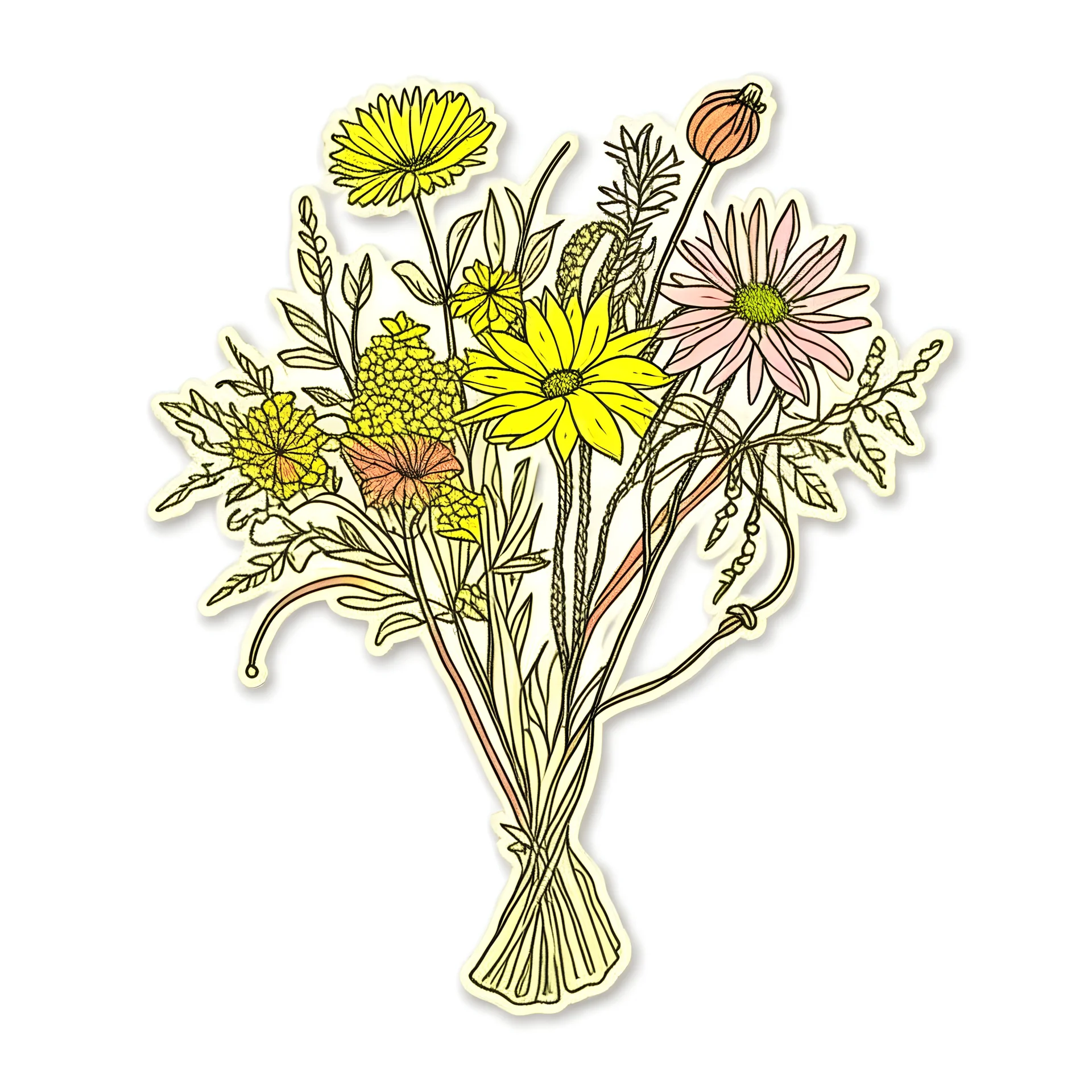 A bouquet of hand-drawn wildflowers in earthy tones, tied together with twine sticker on white background.