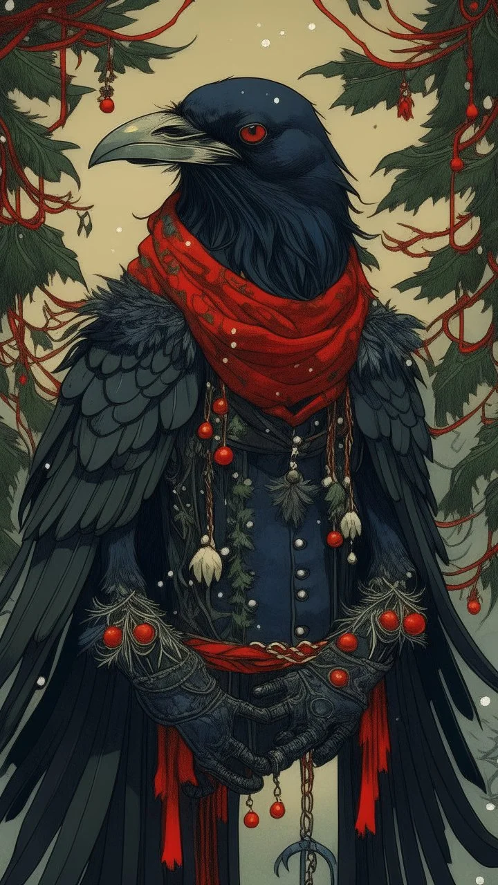 An illustration by Jakuchu and Matisse of a human-like raven adorned in a punk leather jacket within a Christmas atmosphere.