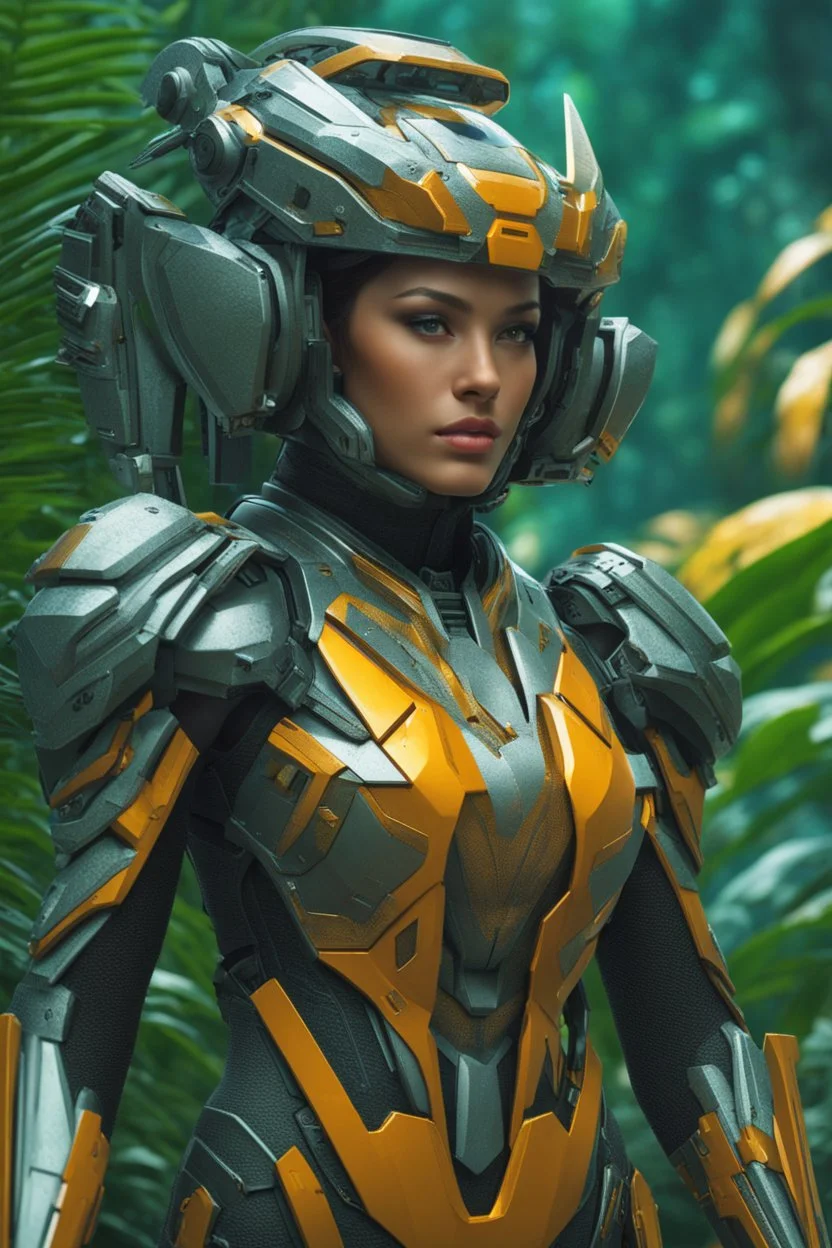 (The Year 2745 A.D.), (Beautiful Young Warrior In A Futuristic Jungle), High Quality, Super Closeup, Extreme Definition, Insanely Detailed, Beautiful Composition, Detailed Resolution, Ultra Closeup, Intricate Detail, Fine Detail, Vivid Colours, Innovative Futuristic Technology, High Tech, Intricate Designs, Futurism, 8k, Laser Sharp Focus