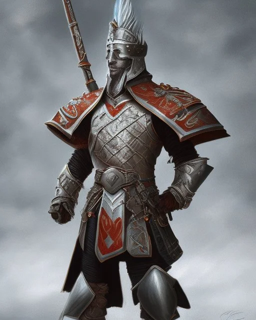 A commander with flaming eyes with flaming light blue pupils with stubble An armor made of a mixture of steel and leather, worn by a strong commander with magical power stands atop a squire