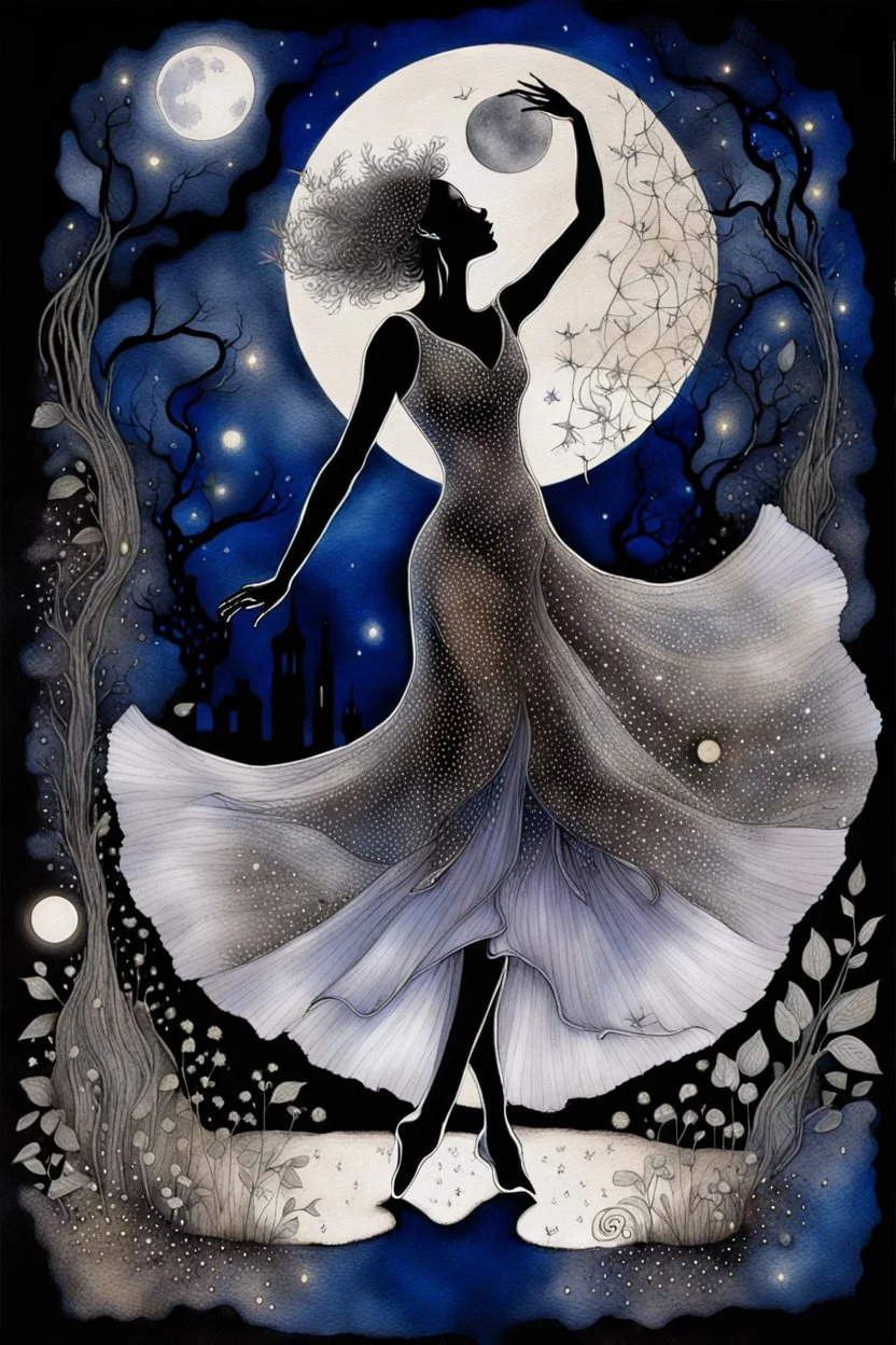 alcohol pen and ink stunning detalied surreal image where a dancer's dress transforms into a silver and moonlight capturing the elegance and etheraly of dance, the background is a cracked , ruined nightly garden with plants siluettes, and little fireflies, dark night, full shiny moon, stunning, masterpeace