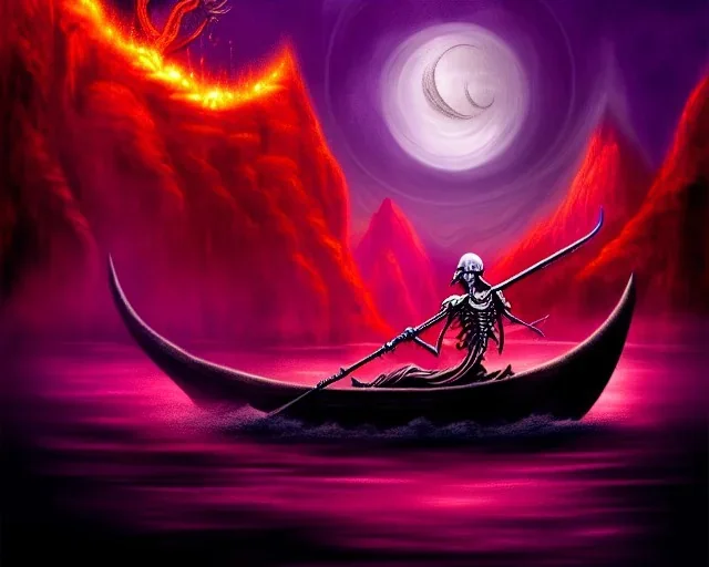 sango fantasy, fantasy magic, intricate, sharp focus, illustration, highly detailed, digital painting, concept art, matte, Greek mythology Charon ferryman, skeleton in full length cape, in boat on river styx, sharp jagged rocks, red purple blue colours, red hot lava river